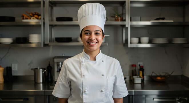 smiling hispanic female chef in white uniform standing in modern restaurant kitchen with shelves. culinary expertise, hospitality industry. professional portrait, cafe interior. - Powered by Adobe