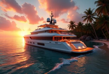 luxurious yacht tropical sunset anchor ocean view serenity relaxation watercraft paradise, marine, sky, clouds, sailing, vessel, evening, ship, reflection
