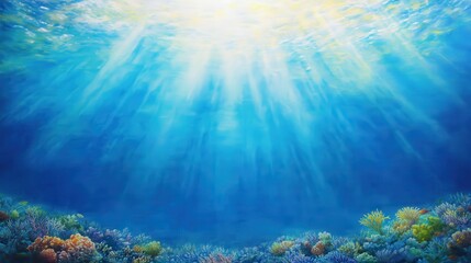 Fototapeta premium Sunlit ocean scene, vibrant coral reef below.