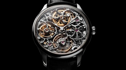 Elegant skeleton watch detailed closeup mechanical gears luxury timepiece gold dark black metal style