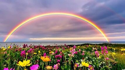 A vibrant double rainbow arcs over a blooming wildflower meadow by the sea under a dramatic sky - Powered by Adobe