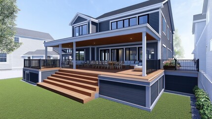 Fototapeta premium Contemporary home exterior with spacious deck and patio