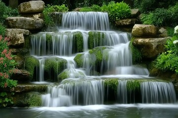 Obraz premium Serene Cascading Waterfall Nature Scene Peaceful Tranquil Water Flowing Over Mossy Rocks Lush Green Foliage Beautiful Natural Landscape Serenity calm view river fresh 