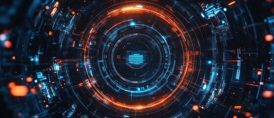 Obraz premium Abstract circular technology background in orange and blue