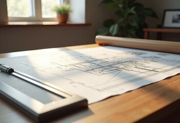 Obraz premium intricate architectural blueprint drafting table design layout technical drawing precision planning, schematic, measurements, lines, tools, paper, scale