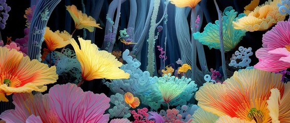 Vibrant underwater fantasy jungle of bioluminescent flowers and glowing corals with a pushing while tilting up movement through surreal forest of neon-colored petals - Powered by Adobe