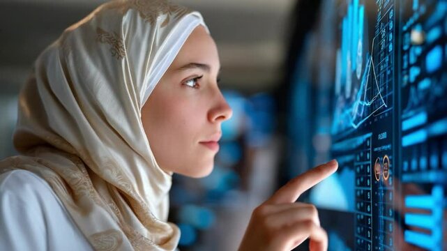 Tech Savvy Woman in Action: A focused individual, adorned in a headscarf, engages with an advanced holographic display, navigating complex datasets and charts. Imbued with a sense of purpose.