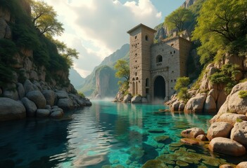 panoramic view ancient stone ruins weathered submerged archeology heritage lost civilization rocky landscape, site, monumental, landmark, patina, texture