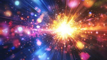 Obraz premium A vivid burst of colors fills the background, with bright light exploding outward in all directions. The scene captures a feeling of dynamic energy and movement, evoking a cosmic atmosphere