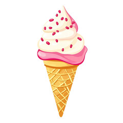 Delicious ice cream cone with pink and white swirls and sprinkles a summer treat