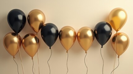Row of black and gold balloons with metallic sheen, floating against a soft gradient background, wide composition for event banners or party invitations