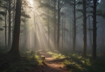 Naklejka premium Sunbeams pierce misty forest, creating vibrant light show, scenic, nature, picture