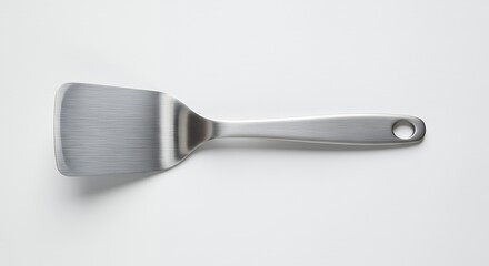 Stainless steel spatula against white background
