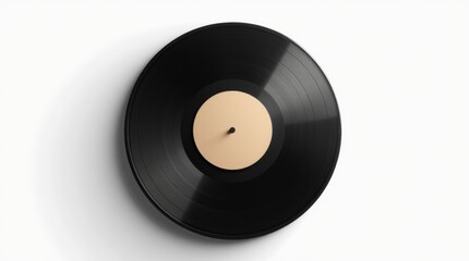 Vintage black vinyl record with an empty beige paper label, isolated on a pure white background, centered for a clean, modern look