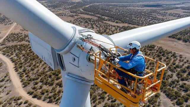 Wind Turbine Technician: A skilled technician meticulously examines and repairs a colossal wind turbine, symbolizing the advancement of renewable energy and environmental sustainability.