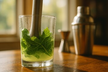 Mixing a refreshing cocktail with mint leaves in a cozy bar during a sunny afternoon