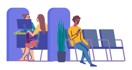 Cartoon Color Character Client and Credit Manager with Guy Waiting at Bank Office Room Providing Banking Services Concept Flat Design Style. Vector illustration