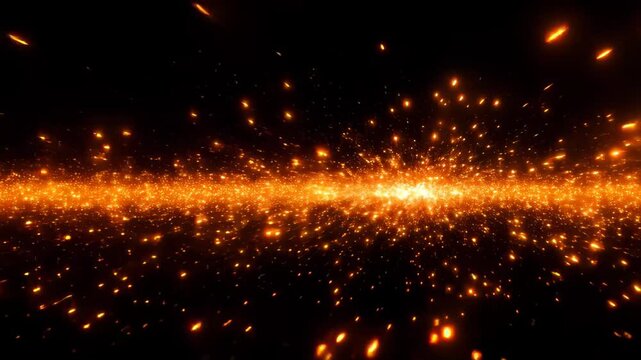 Fiery explosion of bright amber particles radiating outward on dark background with rapid strobe motion and glowing streaks of light