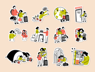 Cartoon Color Migration Survival Stories Need Help and Support Concept Different Scenes Stickers Set Flat Design Style. Vector illustration