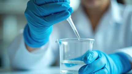 
A precise close-up of a gloved female hand mixing a chemical solution with a pipette in a clean lab environment.
