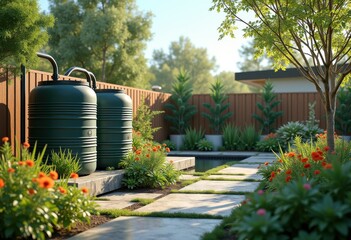 Naklejka premium innovative rainwater collection system backyard garden environmentally friendly storage solution sustainable home design, irrigation, landscape, harvesting, barrel