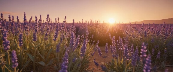 Obraz premium Vibrant lavender bathed in golden sunset light , amazing, stunning, photography