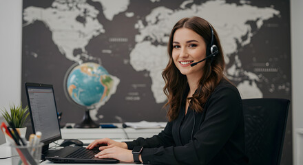 Smiling Woman in Headset Working at Laptop in Call Center with a Globe and World Map Background