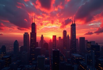 Fototapeta premium vibrant chicago skyline sunset silhouettes urban landscape rooftop evening colors, city, building, downtown, architecture, light, reflection, horizon