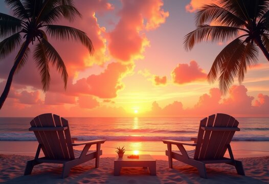 silhouette beach chairs vibrant sunset sky serenity relaxation coastal scene, landscape, dusk, clouds, horizon, tropical, water, reflection, outdoors