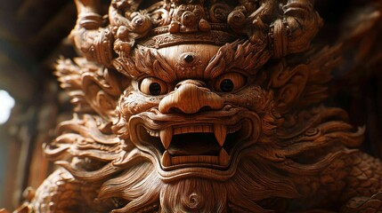 Intricate wooden dragon carving, close-up