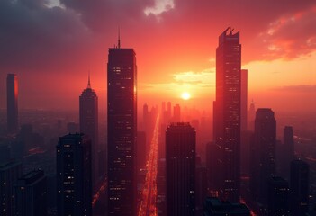 Fototapeta premium vibrant sunset urban skyline silhouettes dramatic colors twilight glow cityscape, dusk, reflection, horizon, landscape, clouds, building, architecture, glass