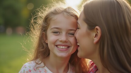 European girl leans close to whisper a secret to her friend in a candid outdoor moment filled with smiles and warmth.