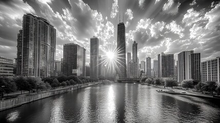 Obraz premium Black and white image of a cityscape with a sunlit high-rise, surrounded by other tall buildings, reflecting the vibrancy of modern urban life. 