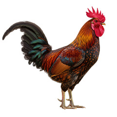 Fototapeta premium rooster isolated on transparent background, PNG, rooster png, bird png, rooster isolated, poultry, cock, cock-a-doodle-doo, farm bird, barnyard animal, rooster clipart