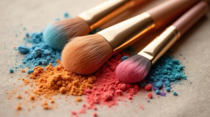 
Makeup brushes with bold pigments rest on textured linen, captured in a macro view that emphasizes beauty and artistic application.
