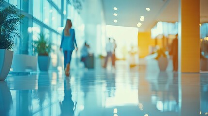 Blurred image of people in casual wear moving through an office, bokeh background enhancing the clean and welcoming atmosphere. 