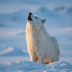 Naklejka premium White arctic wolf howling on a snowy plain