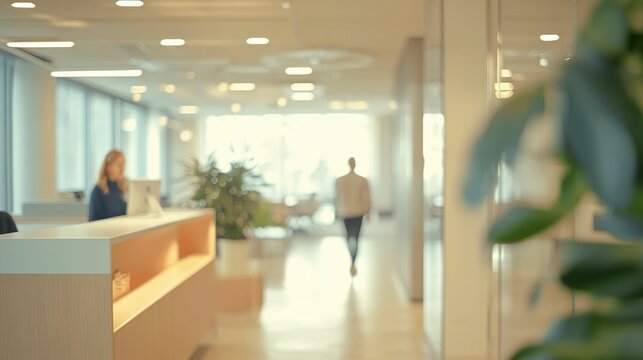 Blurred image of people in casual wear moving through an office, bokeh background enhancing the clean and welcoming atmosphere.  