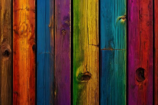 Colorful vertical wooden planks pattern background with rainbow colors and textured wood grain detail