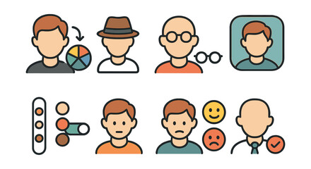 Fototapeta premium Avatar customization icons set – styles, accessories, expressions, hair, outfits. Vector icons set