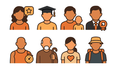 Community and roles icon set – mentor, graduate, parent, professional, athlete, senior, volunteer, traveler. Vector icons set