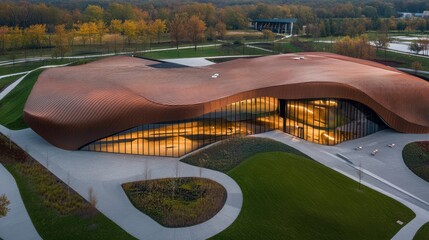 Modern architecture with copper roof and green landscape at dusk