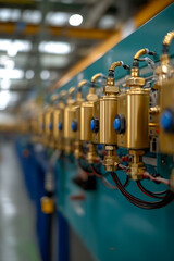 Naklejka premium Automated System Valves. A macro shot showcasing the precise and intricate engineering of an industrial control system, highlighting its components.