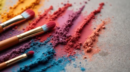 Obraz premium Makeup brushes with bold pigments rest on textured linen, captured in a macro view that emphasizes beauty and artistic application. 