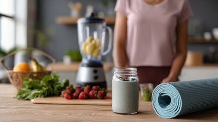 A home kitchen with a person preparing a postworkout smoothie blending fresh fruits and greens while a yoga mat lies rolled up on the floor nearby.