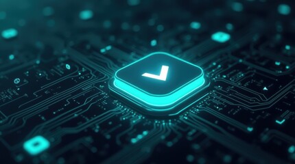 A glowing prompt button sits over an AI circuit board interface, symbolizing innovation in data processing and advanced digital software systems.