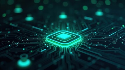 A glowing prompt button sits over an AI circuit board interface, symbolizing innovation in data processing and advanced digital software systems.