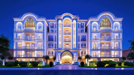 Fototapeta premium Elegant multi story building night exterior architectural design