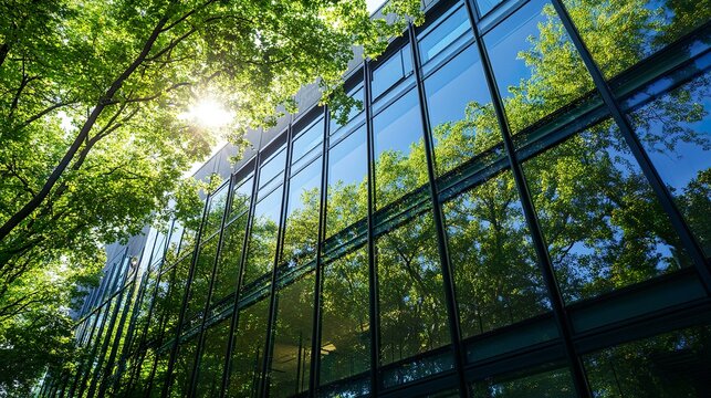 Contemporary eco-friendly office structure with reflective glass panels, tree-lined surroundings, and a focus on carbon reduction and sustainability.  