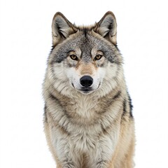 Gray wolf with a watchful gaze, portrait of a wild predatory animal, isolated on white